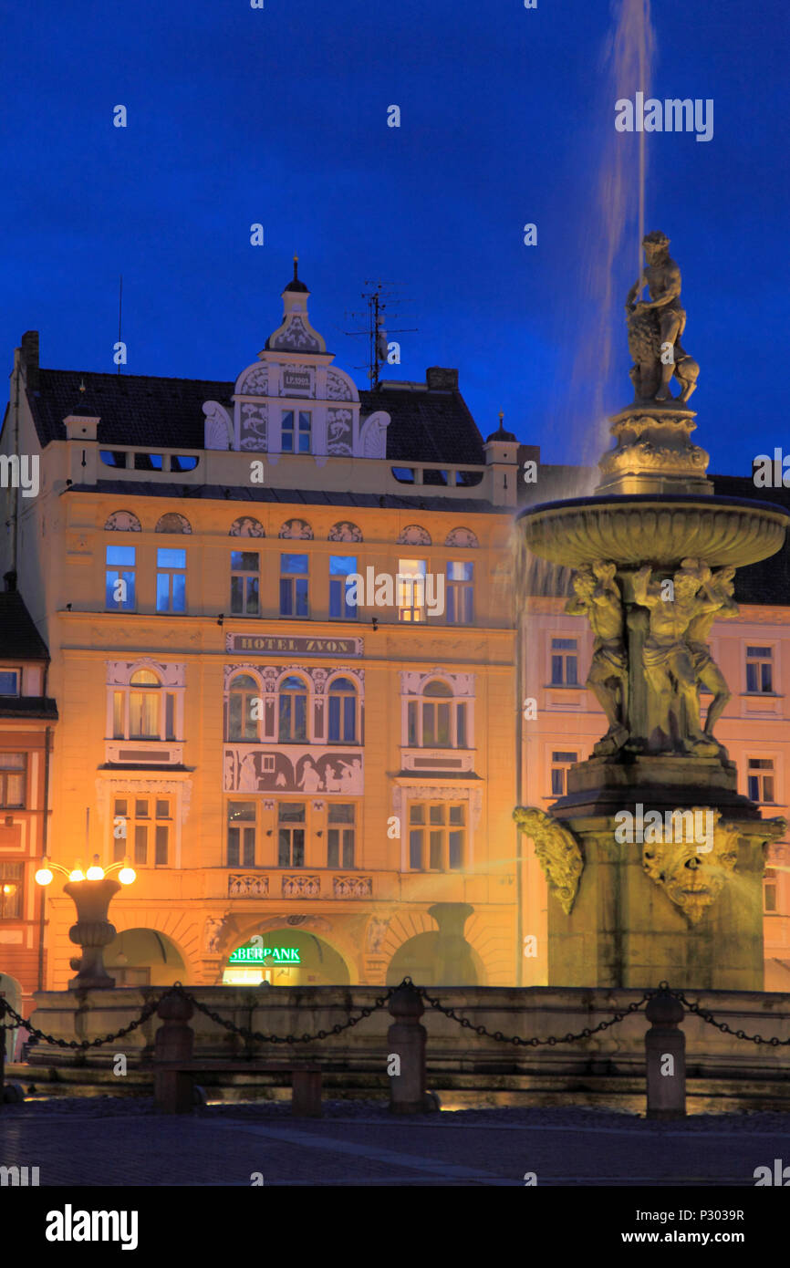 Czech Republic, Ceske Budejovice, Hotel Zvon, Samson Fountain, Stock Photo