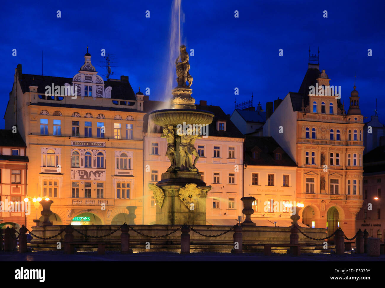 Czech Republic, Ceske Budejovice, Hotel Zvon, Samson Fountain, Stock Photo