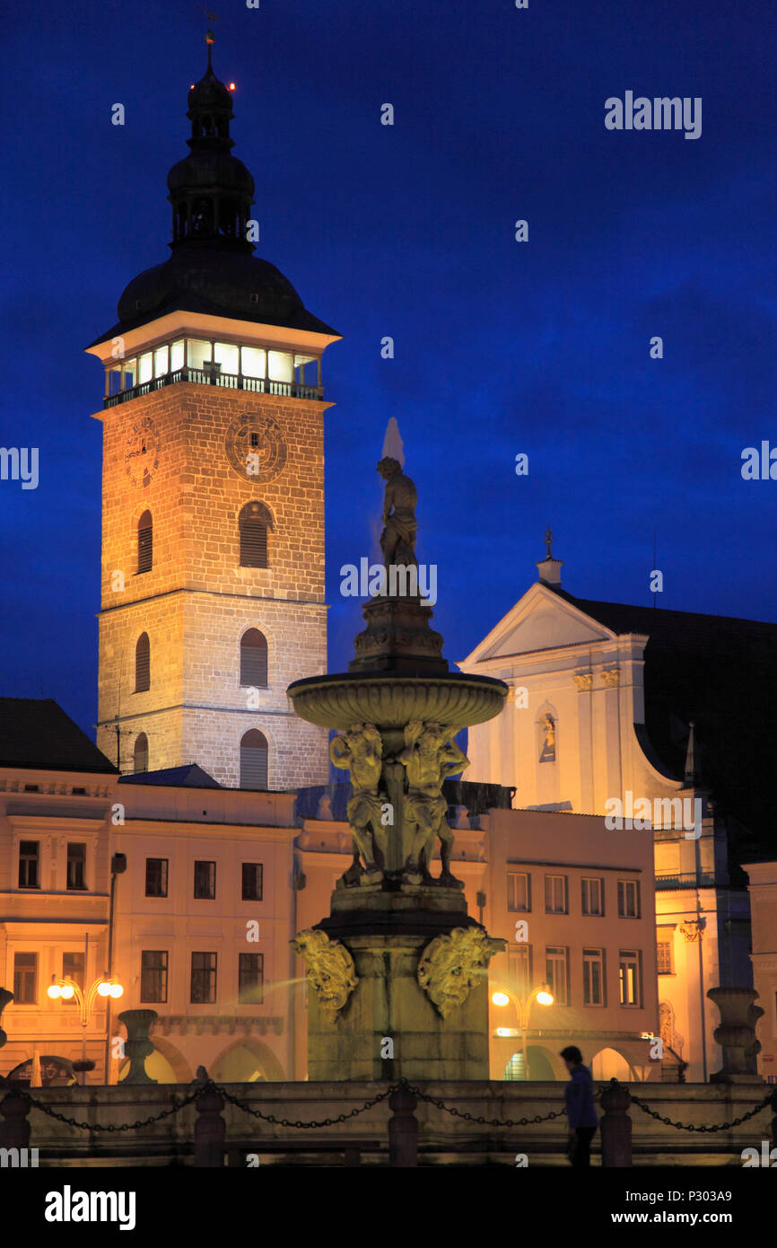Czech Republic, Ceske Budejovice, Black Tower, Samson Fountain, St Nicholas Cathedral, Stock Photo