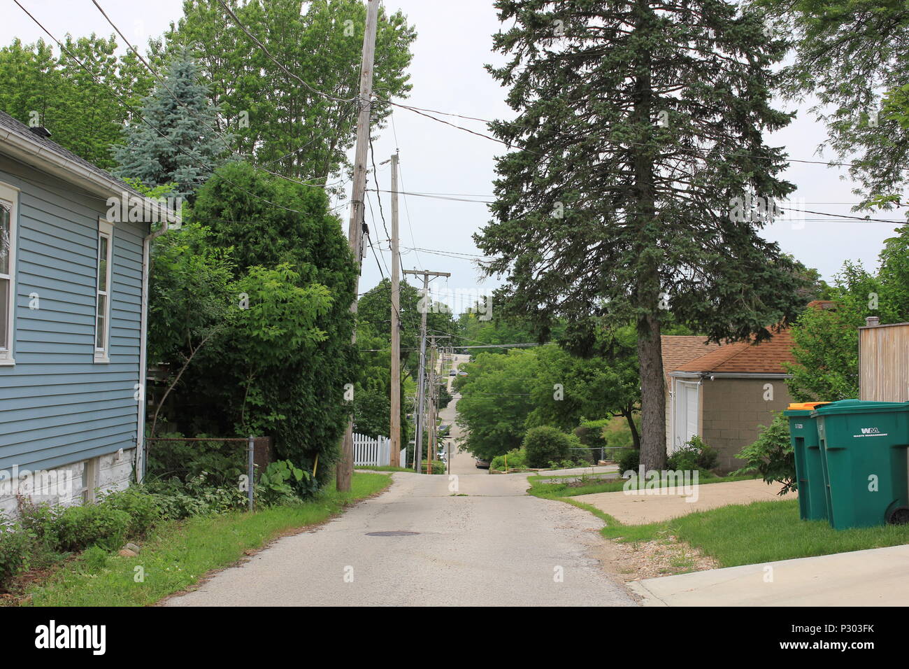 Local residential street scene and scenery of historic Lemont, Illinois. Stock Photo
