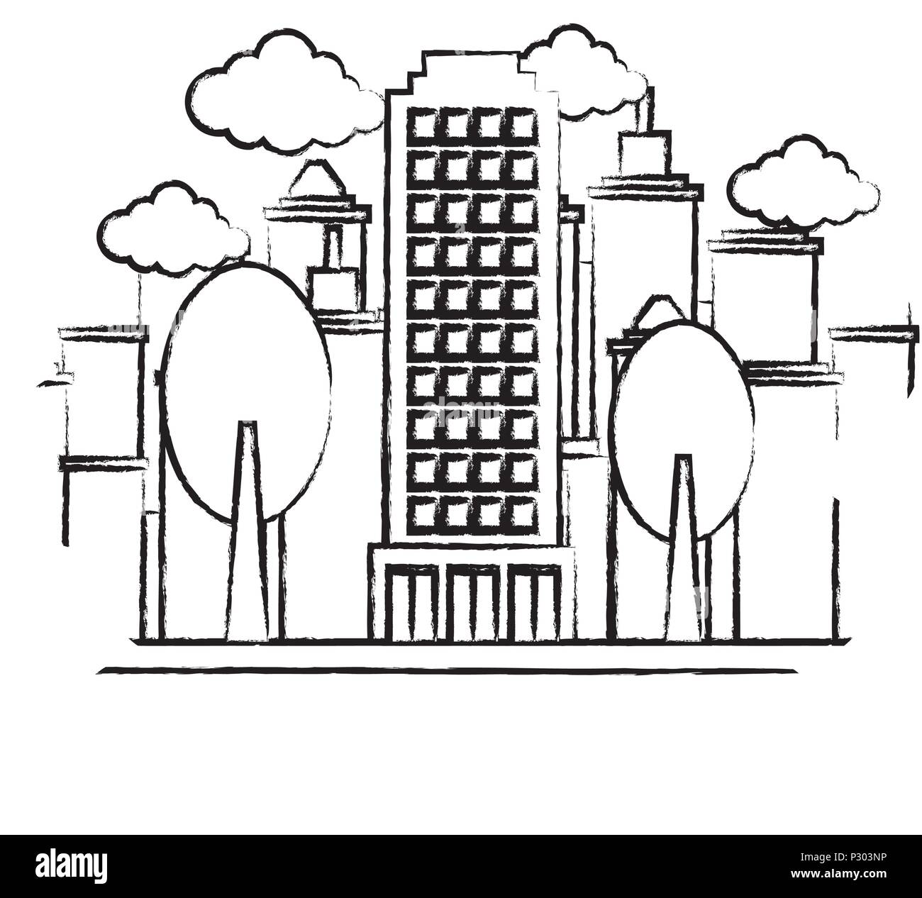 city building over landscape and white background, vector illustration ...
