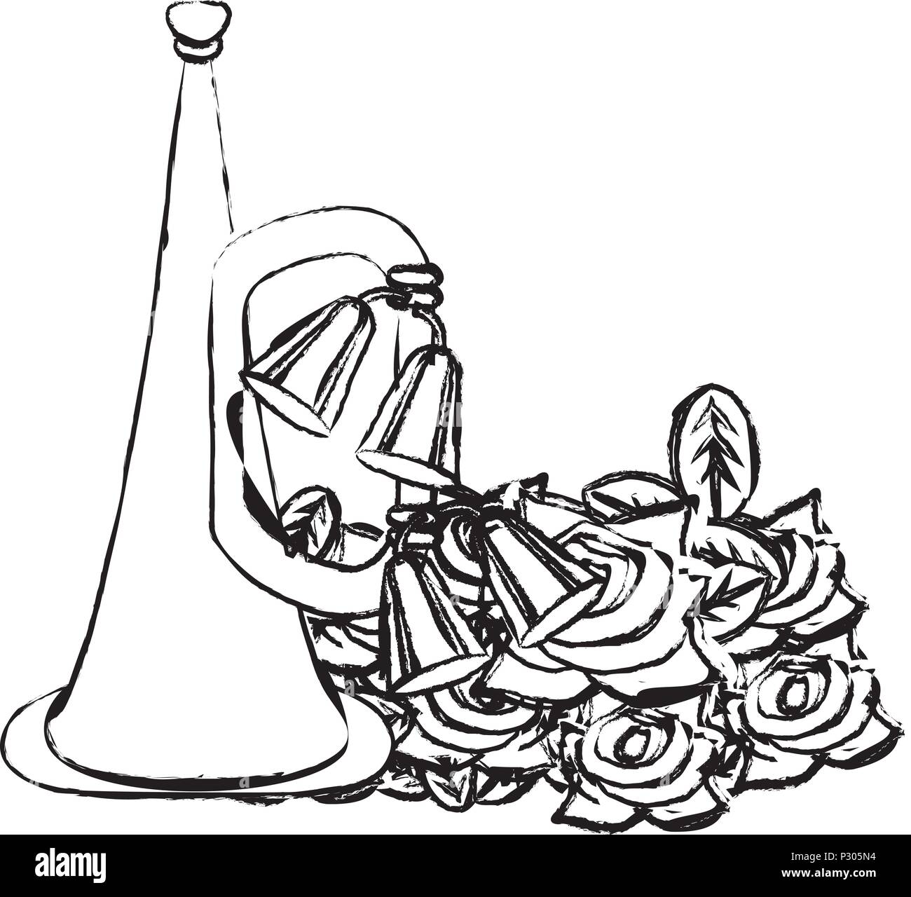 Anzac day design with trumpet and poppy flowers over white background