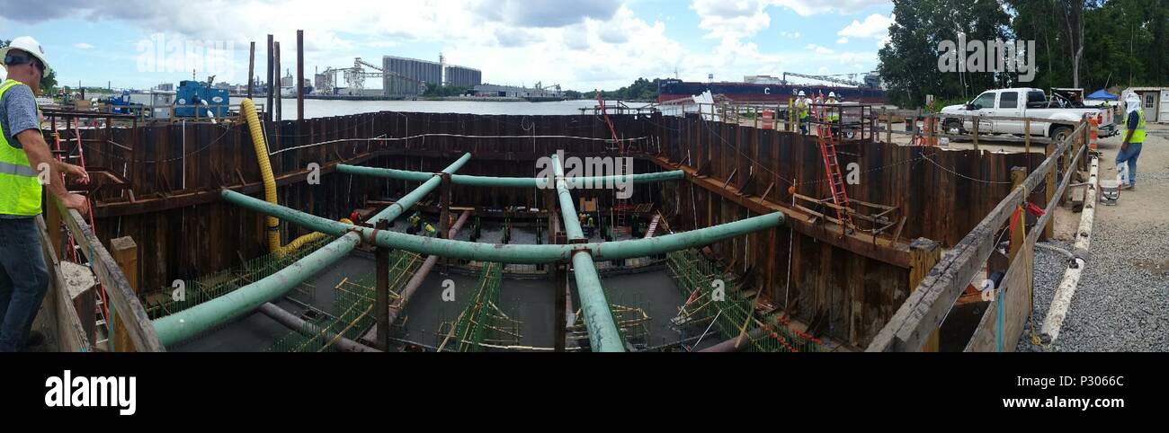 SAVANNAH, Ga. -- A panoramic view into the cofferdam at the down river dissolved oxygen injection system construction site, Aug. 17, 2016. Workers are pouring concrete for the foundation this week. Work began on the mitigation feature in February 2016 by CDM Constructors, Inc. Construction currently sits at 9 percent completion. Ongoing updates can be monitored at the Savannah Harbor Expansion Project site http://ow.ly/sjAU303os3s. Stock Photo
