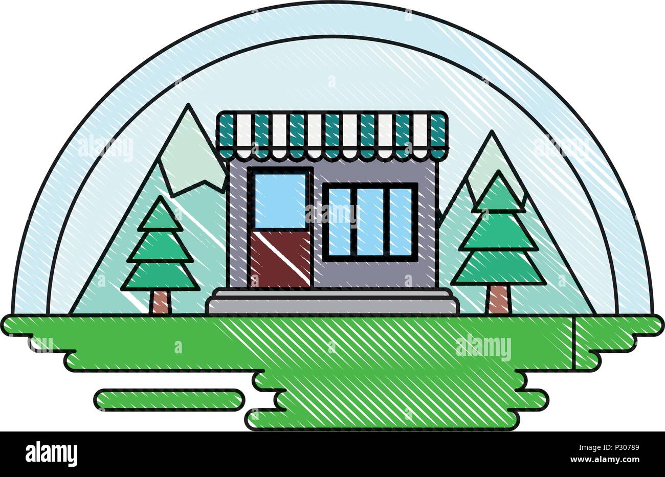 store and trees over landscape and white background, colorful design ...