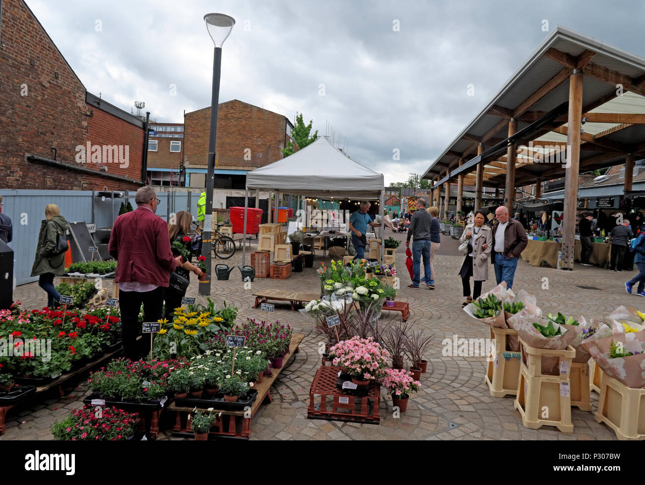 Altrincham successful retail town market (similar to Borough Market), Trafford Council, Greater Manchester, North West England, UK Stock Photo