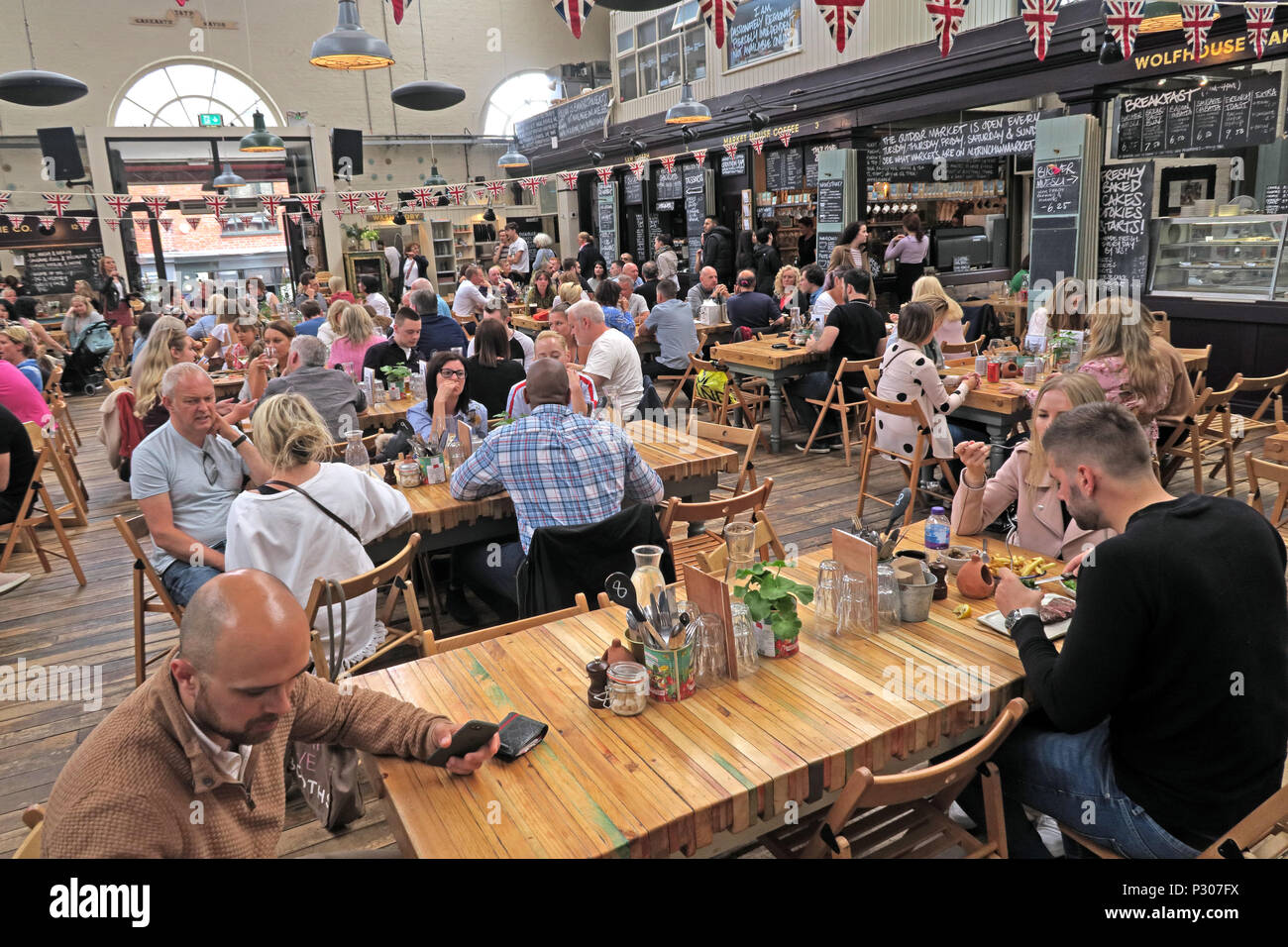 Altrincham successful retail town market (similar to Borough Market), Trafford Council, Greater Manchester, North West England, UK Stock Photo