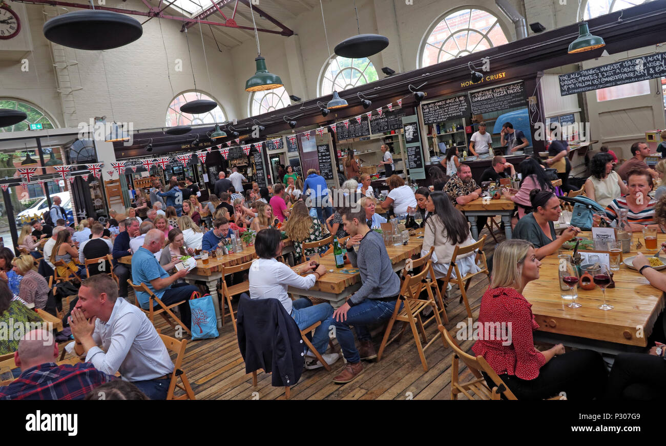 Altrincham successful retail town market (similar to Borough Market), Trafford Council, Greater Manchester, North West England, UK Stock Photo