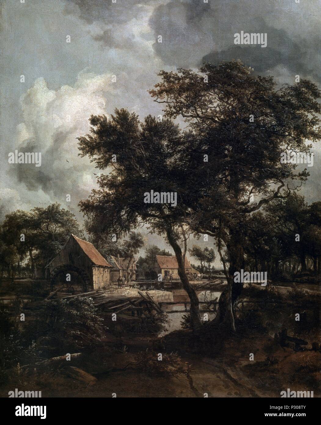 The Watermill - ca.1660 - 80x66 cm - oil on canvas - Dutch Baroque. Author: Meindert Hobbema (1638-1709). Location: LOUVRE MUSEUM-PAINTINGS, FRANCE. Also known as: EL MOLINO DE AGUA. Stock Photo