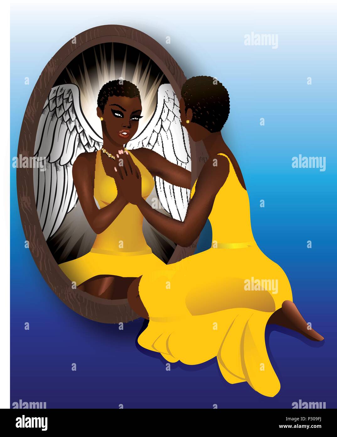 Vector Illustration of a woman seeing her reflection with confidence ...