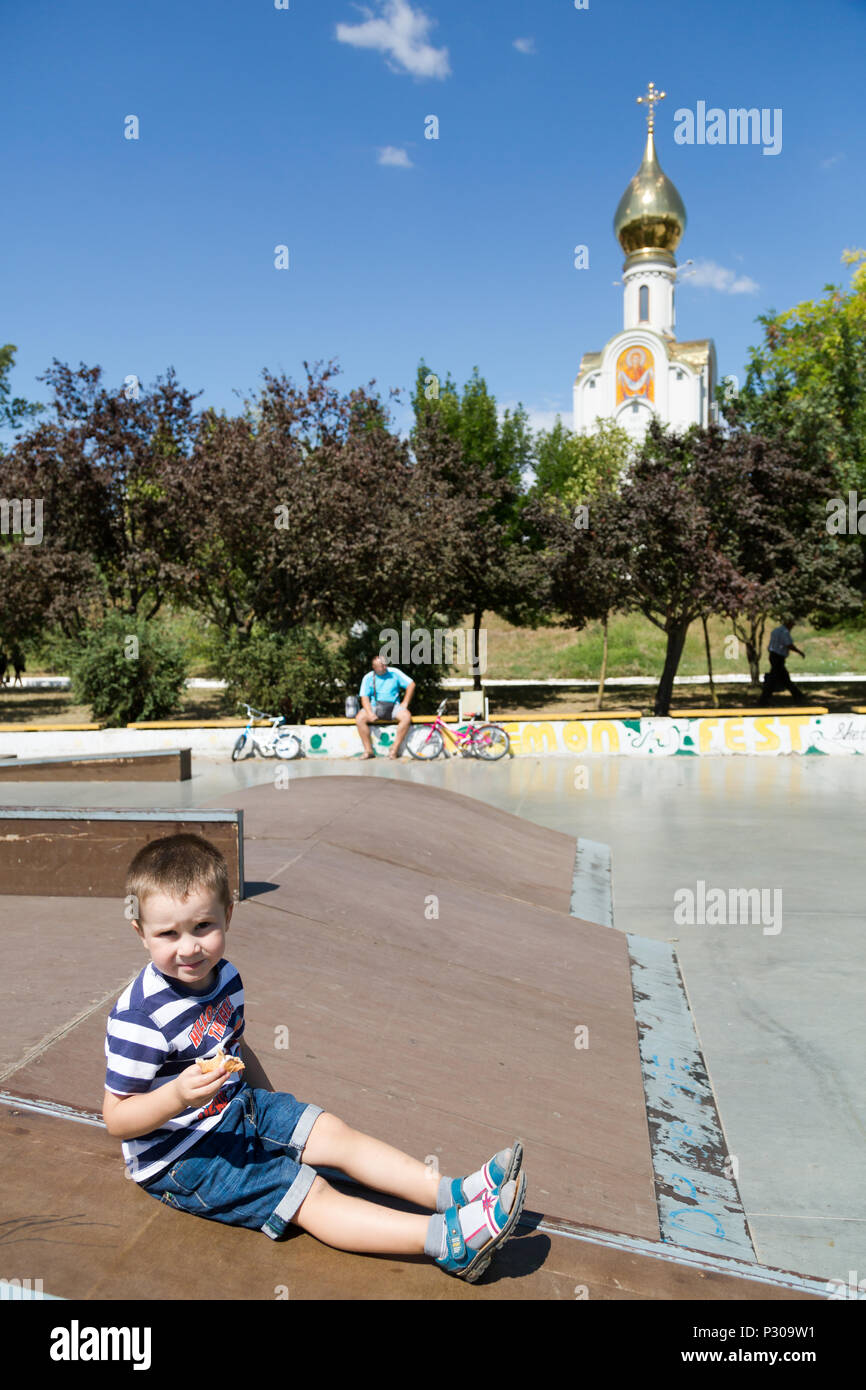 Tiraspol, Moldova, little boy on a skating rink Stock Photo