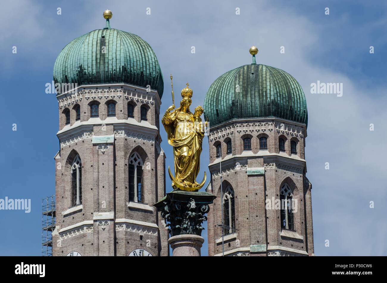 Munich's Frauenkirche, the Cathedral of Our Lady, a brick-built Late Gothic building, was constructed between 1468-88 on the site of an earlier church Stock Photo