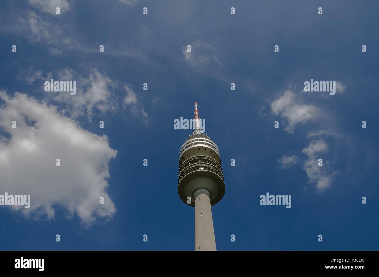 The Olympic Tower in Munich has an overall height of 291 m and a weight of 52,500 tons. At a height of 190 m there is an observation platform. Stock Photo