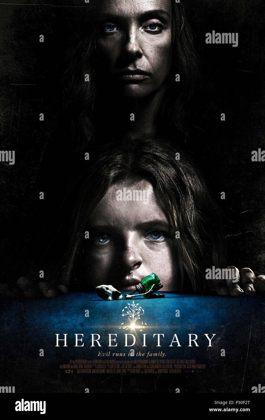 Hereditary (2018) dirtected by Ari Aster and starring Alex Wolff, Toni Collette, Milly Shapiro and Gabriel Byrne. A daughter looks into her family’s past on the death of her mother and discovers ‘Evil runs in the family’. Stock Photo