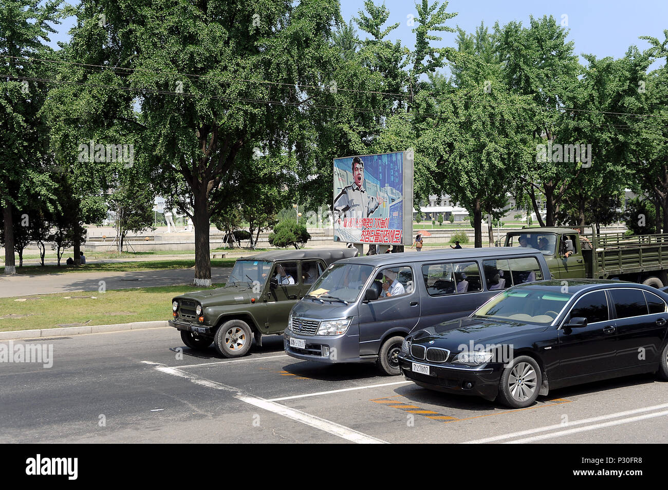 Pyongyang, North Korea, cars at a traffic light Stock Photo Alamy