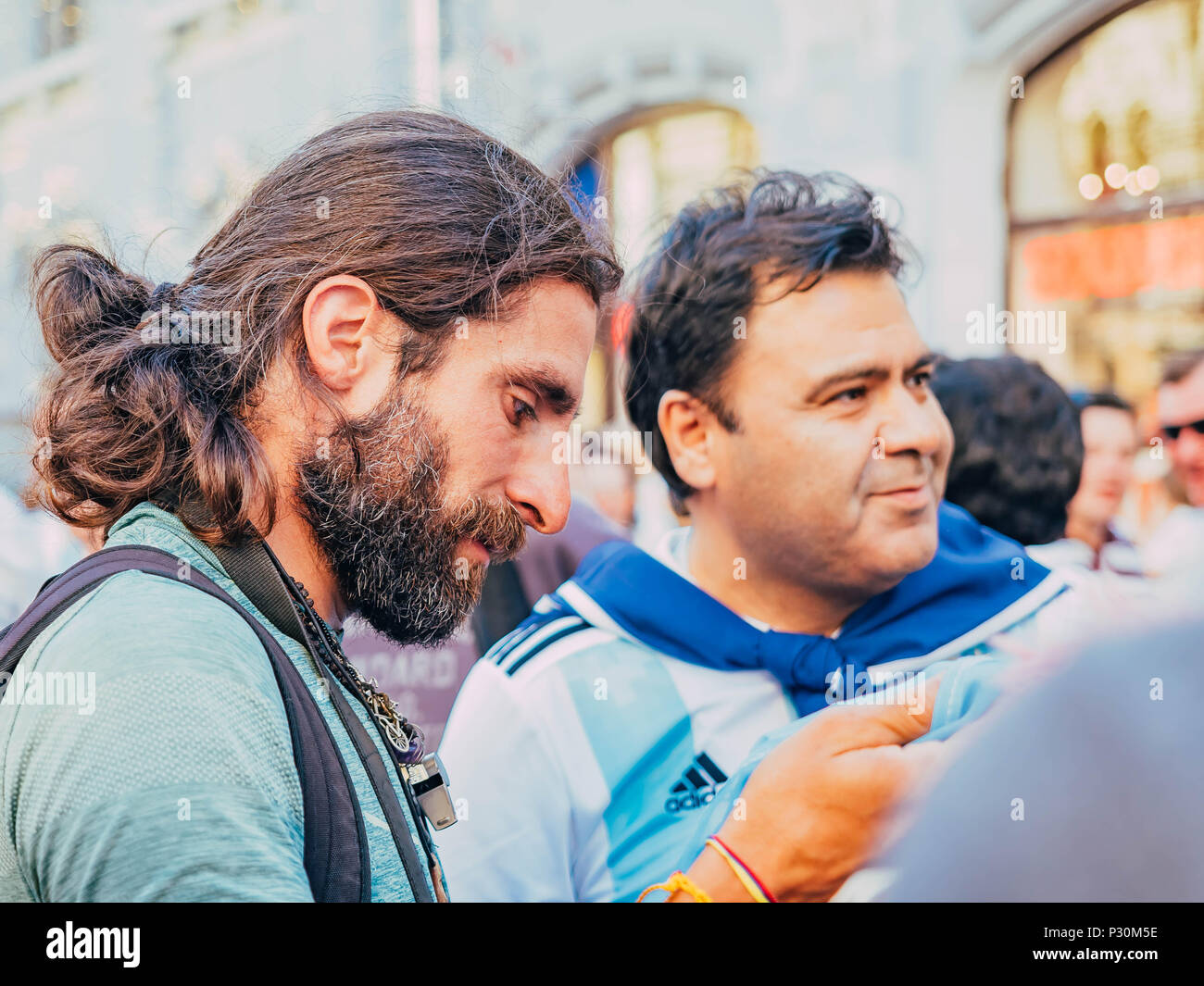 Traveler around the world Matthias Amaya arrived in Moscow during the football championship to support the national team of Argentina. Stock Photo