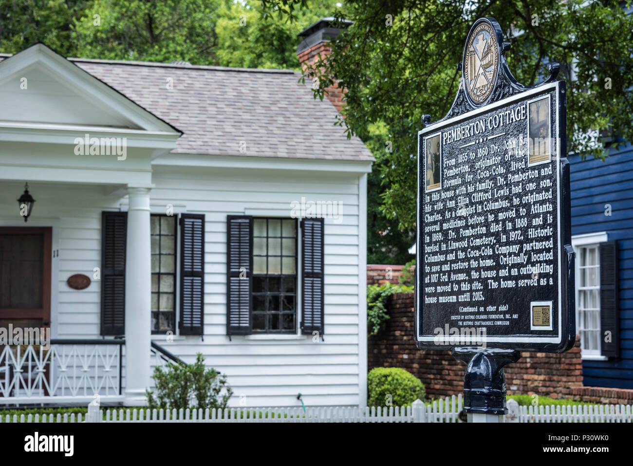 Historical marker for Pemberton Cottage, the 19th century home in Columbus, Georgia of Coca-Cola's inventor, pharmacist John Stith Pemberton. Stock Photo