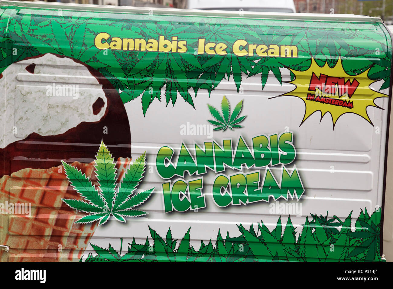 An Ice cream van advertises cannabis flavour Ice Cream Stock Photo