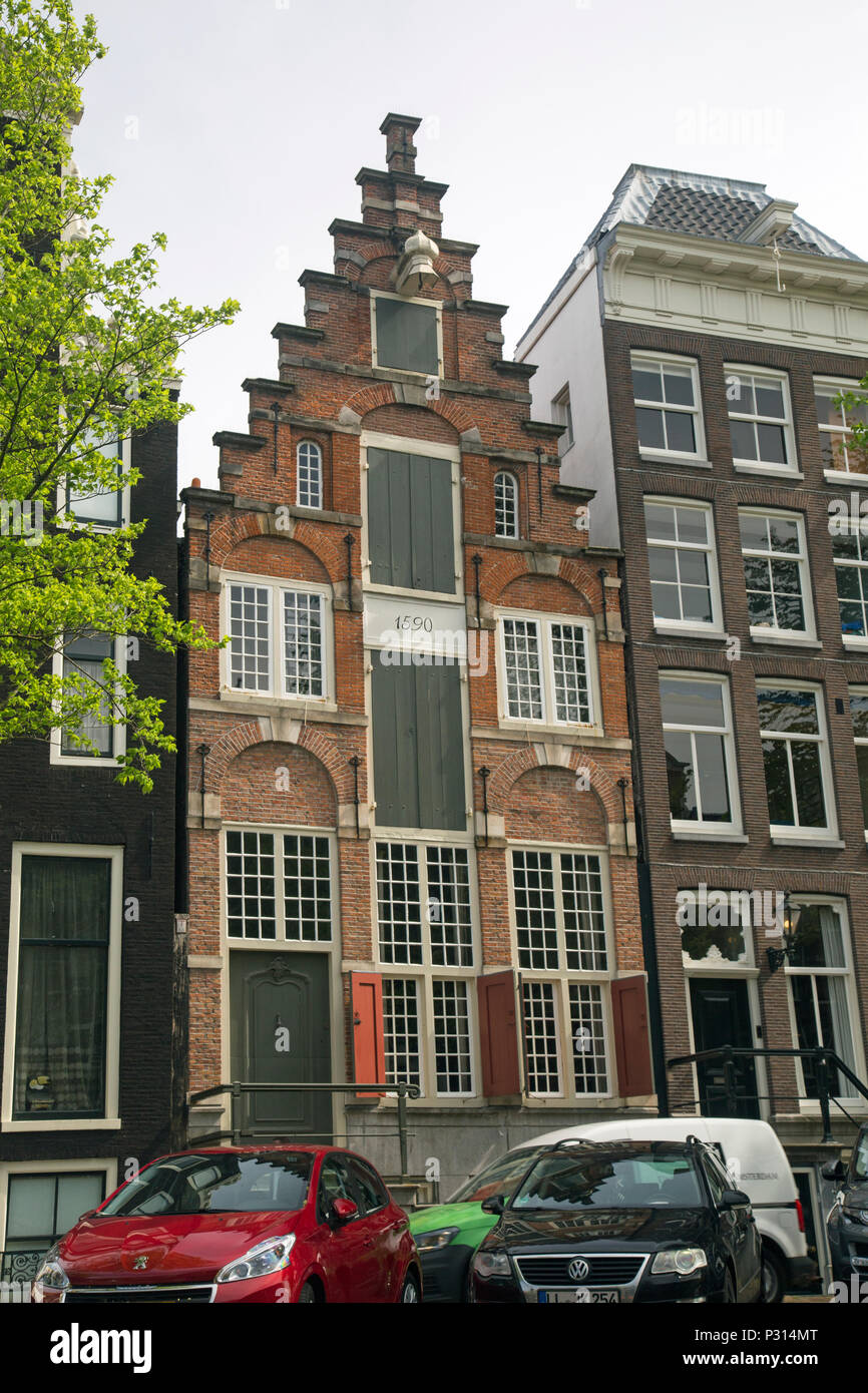Amsterdam, Holland, May 2018, Tall narrow buildings side by side in