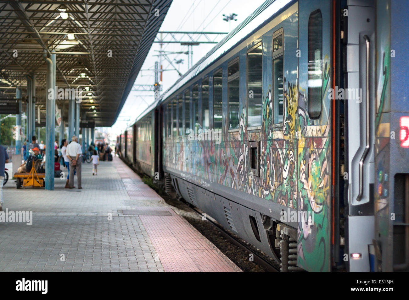 Larissa, Greece - June 11th, 2018:The Intercity greek train stopped at passengers platform in the Larissa train Station. Stock Photo