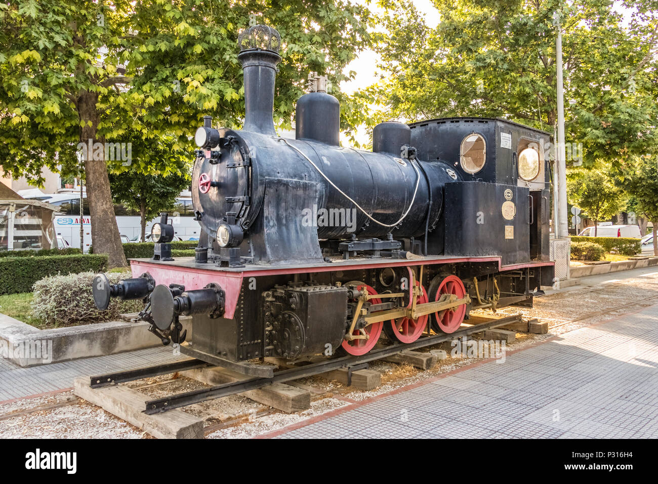 Larissa, Greece - June 11th, 2018: An old locomotive made by the Krupp company in 1935 placed at Platia Ose next to the Larissa train station. Stock Photo