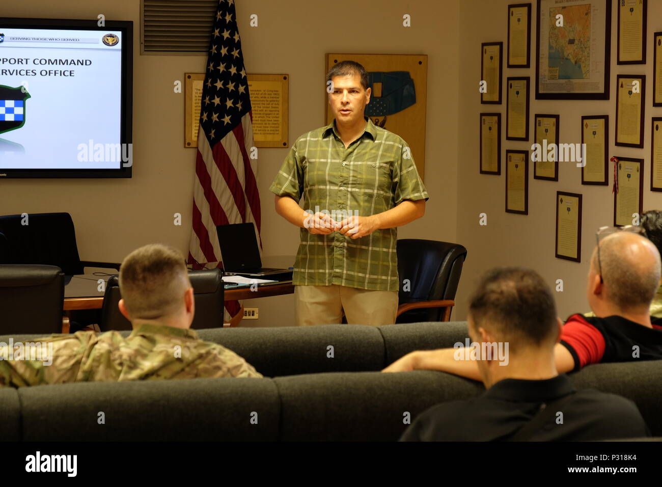 VICENZA, Italy – Col. Christopher Kudak from the 7th Mission Support Command speaks during the 7th MSC hosted bi-annual 99th Regional Support Command Retirement Services Office preretirement brief, Aug. 20, 2016 Stock Photo