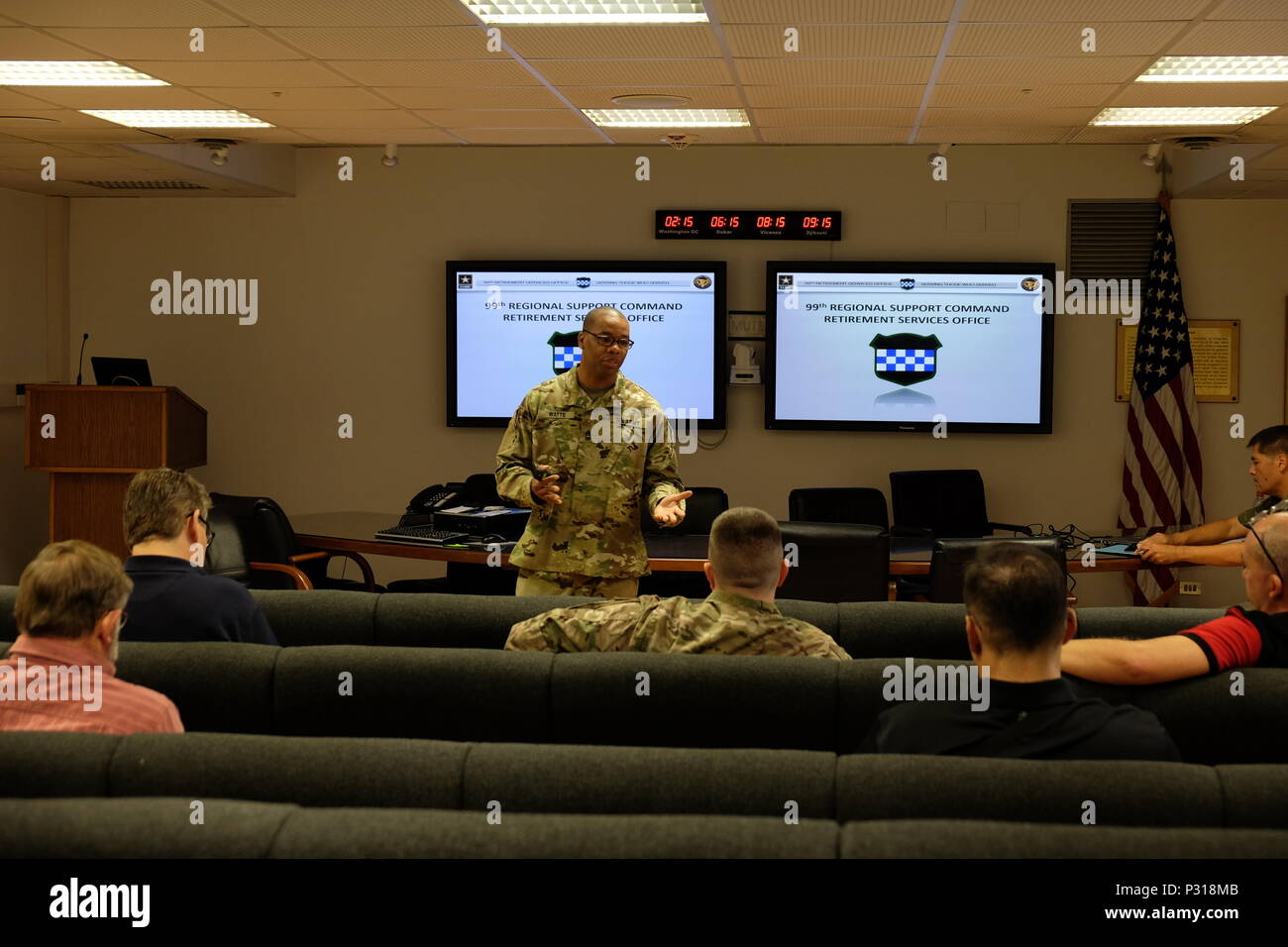 VICENZA, Italy – Master Sgt. Kevin Watts, noncommissioned officer in charge, Retirement Services Office, 99th Regional Support Command, speaks during the 7th Mission Support Command hosted bi-annual 99th RSC RSO preretirement brief, Aug. 20, 2016 Stock Photo