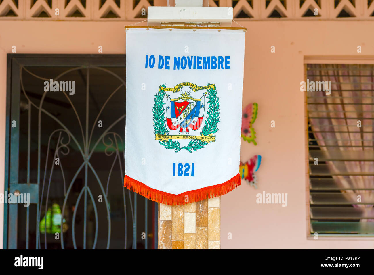 Los Santos, Panama - November 10, 2015: Flag on the streetb in La Villa. Festival and parade in La Villa commemorates La Grita de la Independencia. He Stock Photo