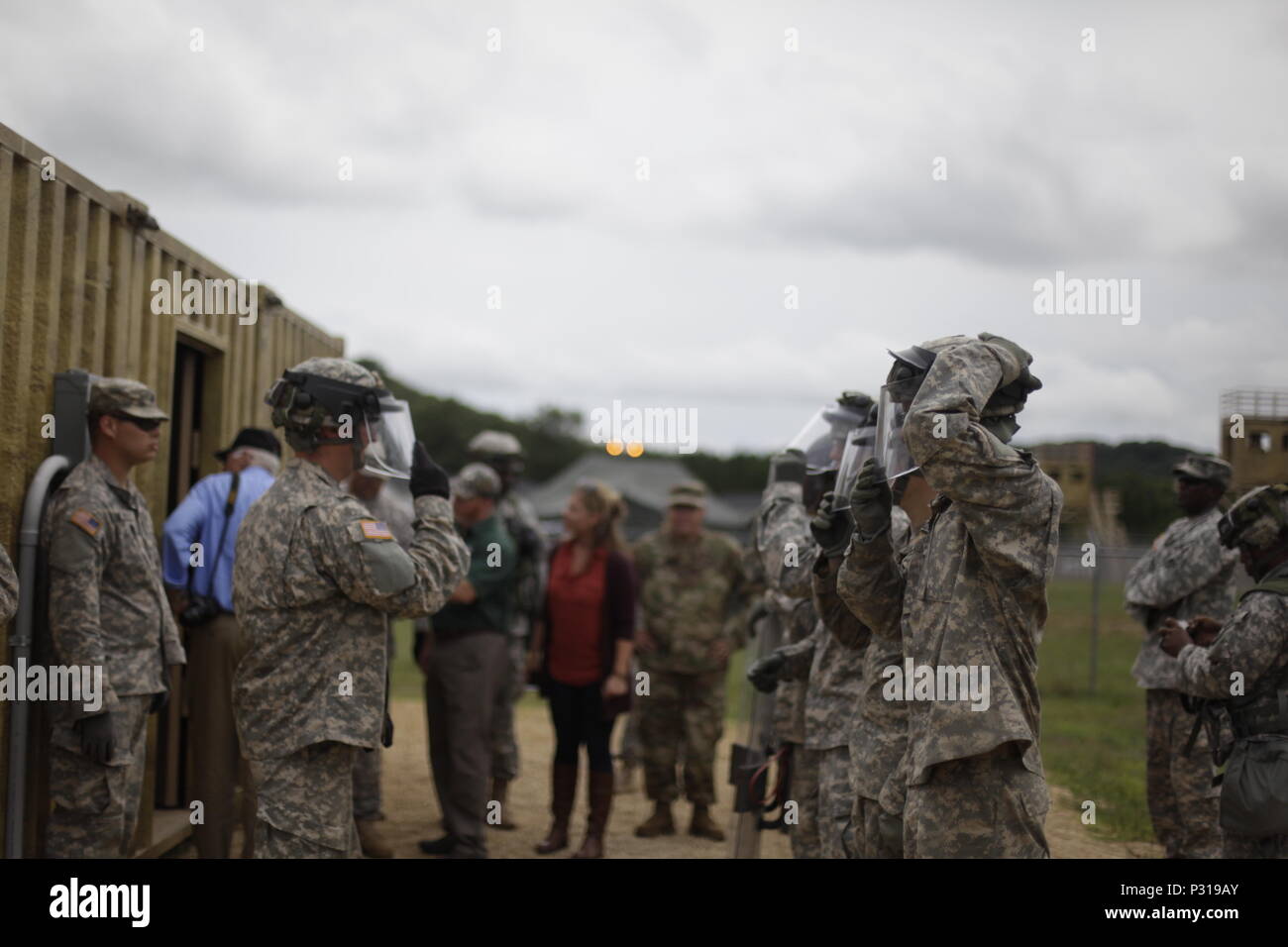 U.S. Army Military Police soldiers from 603rd Military Police Battalion and 535th Military Battalion conduct role playing scenarios at a Theater Internment Facility (TIF) in support of Operation Global Medic on Fort McCoy, Wis. on August 19, 2016. Nearly 11,000 service members from across the country are participating in the 86th Training Division's Combat Support Training Exercise at Fort McCoy, Wis. More than 100 units from across the Army, the Air Force, the Navy, the Marines, and the Canadian Army are training at the 84th Training Command's final exercise of 2016. (U.S. Army Photo by Sgt.  Stock Photo