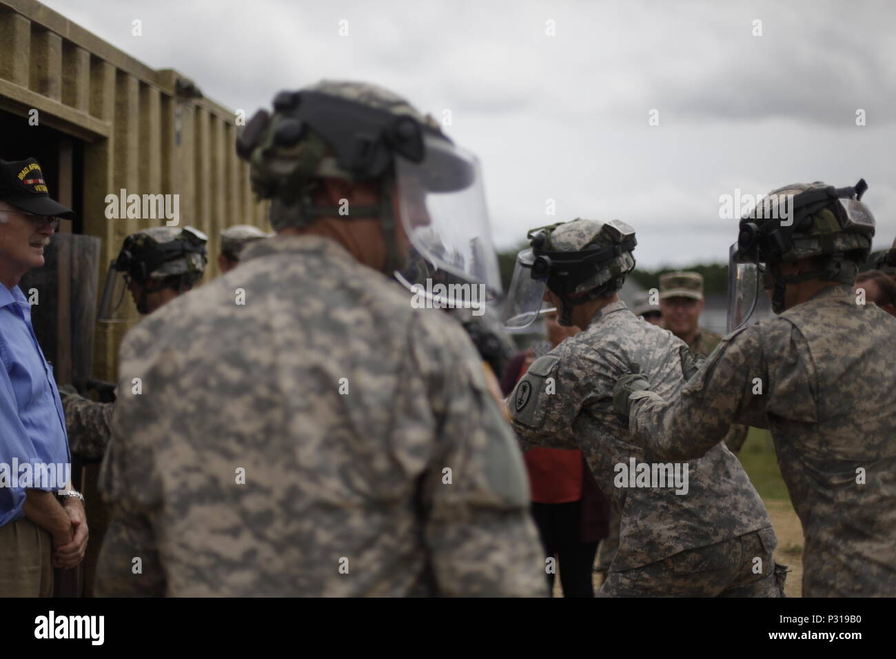 U.S. Army Military Police soldiers from 603rd Military Police Battalion and 535th Military Battalion conduct role playing scenarios at a Theater Internment Facility (TIF) in support of Operation Global Medic on Fort McCoy, Wis. on August 19, 2016. Nearly 11,000 service members from across the country are participating in the 86th Training Division's Combat Support Training Exercise at Fort McCoy, Wis. More than 100 units from across the Army, the Air Force, the Navy, the Marines, and the Canadian Army are training at the 84th Training Command's final exercise of 2016. (U.S. Army Photo by Sgt.  Stock Photo