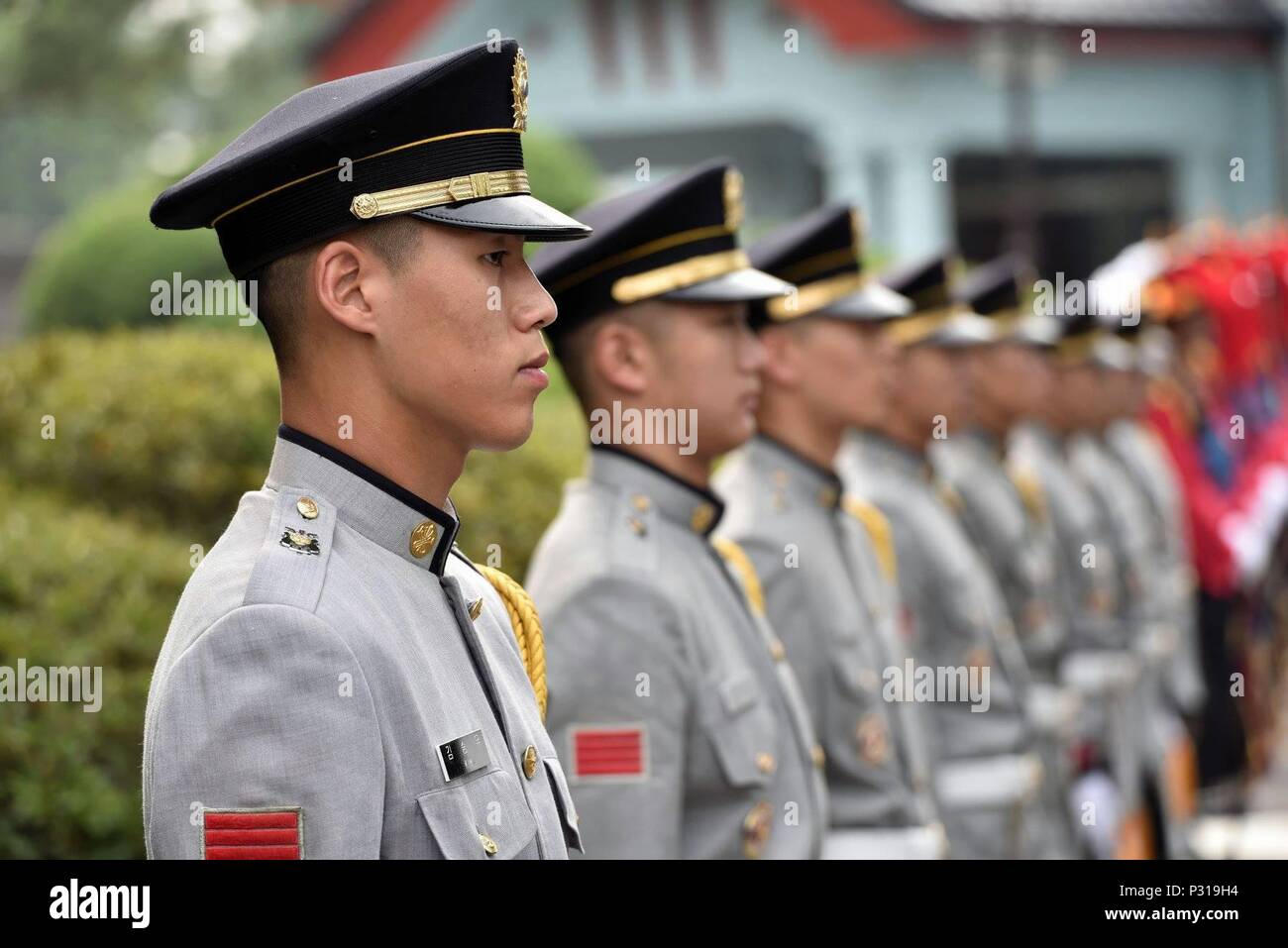 The Republic of Korea Army Honor Guard stands at attention as they wait ...