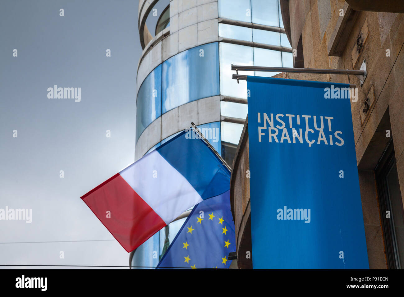 BELGRADE, SERBIA - JUNE 14, 2018: Logo of the French Institute (Institut Francais) with the French flag on their HQ for Serbia. Institut Francais is i Stock Photo