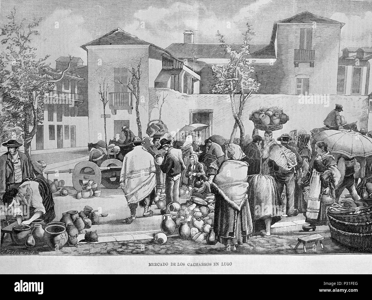 GRABADO-MERCADO DE CACHARROS 1880. Location: MUSEUM OF FINE ARTS, PONTEVEDRA, SPAIN. Stock Photo