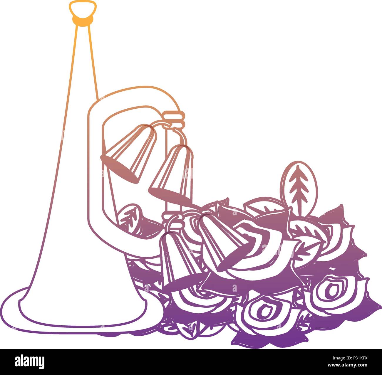 Anzac day design with trumpet and poppy flowers over white background