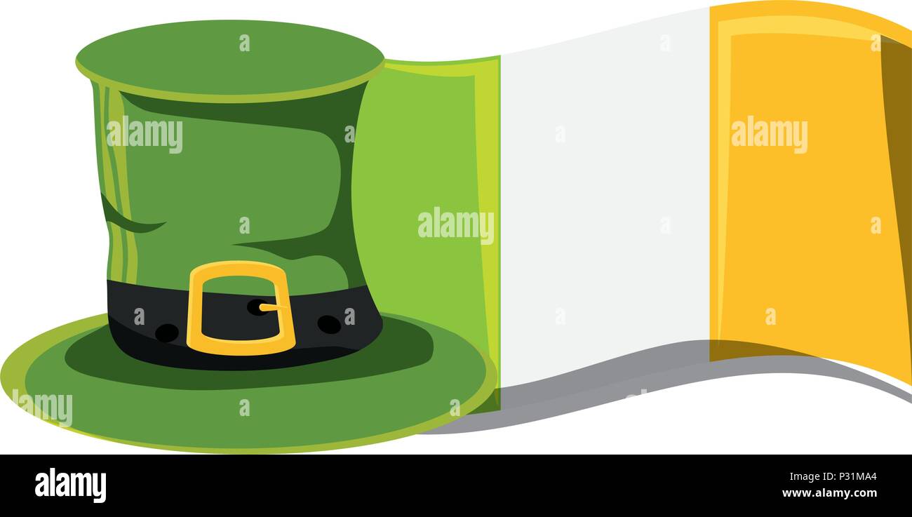 irish top hat and ireland flag over white background, vector