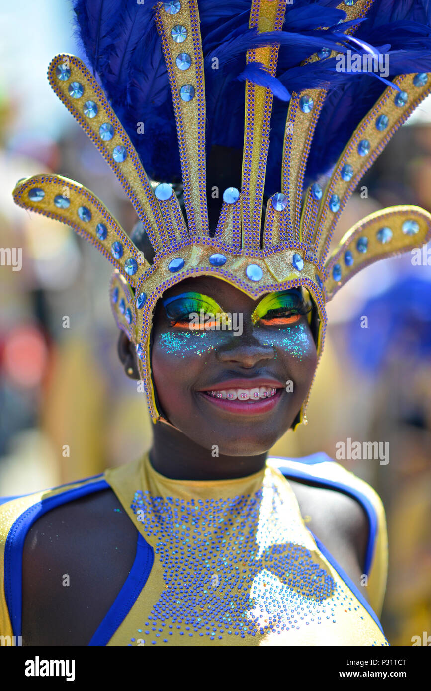 AfroCaribe Comparsa, one of the most known and colorful of Carnaval. Battle of Flowers, Barranquilla Carnaval. Stock Photo