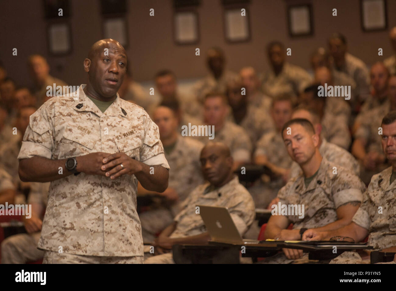 The 18th Sergeant Major of the Marine Corps, Ronald L. Green, visits Marines and support personnel assigned to Marine Corps Base Camp Pendleton, CA., Aug 17, 2016. (U.S. Marine Corps photo by Sgt. Melissa Marnell, Office of the Sergeant Major of the Marine Corps/Released) Stock Photo