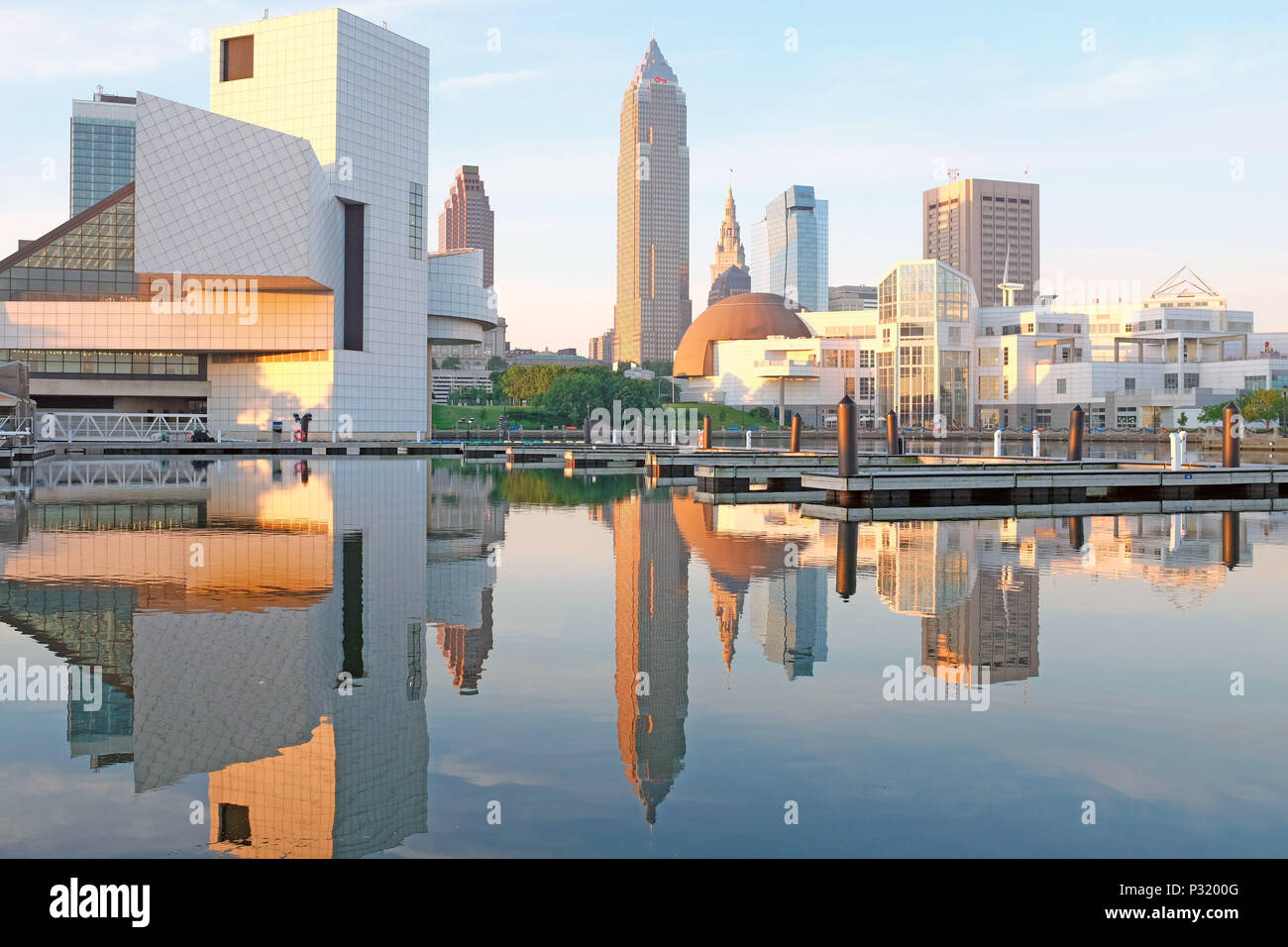 Cleveland Ohio Northcoast Harbour reflecting the downtown skyline on an early June 2018 morning. Stock Photo