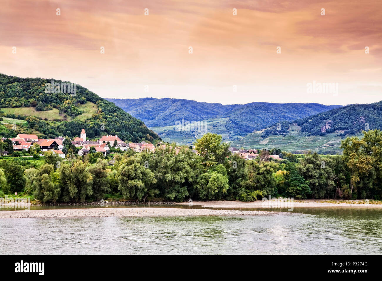 The village of Rossatz on the Danube River, Austria. Stock Photo