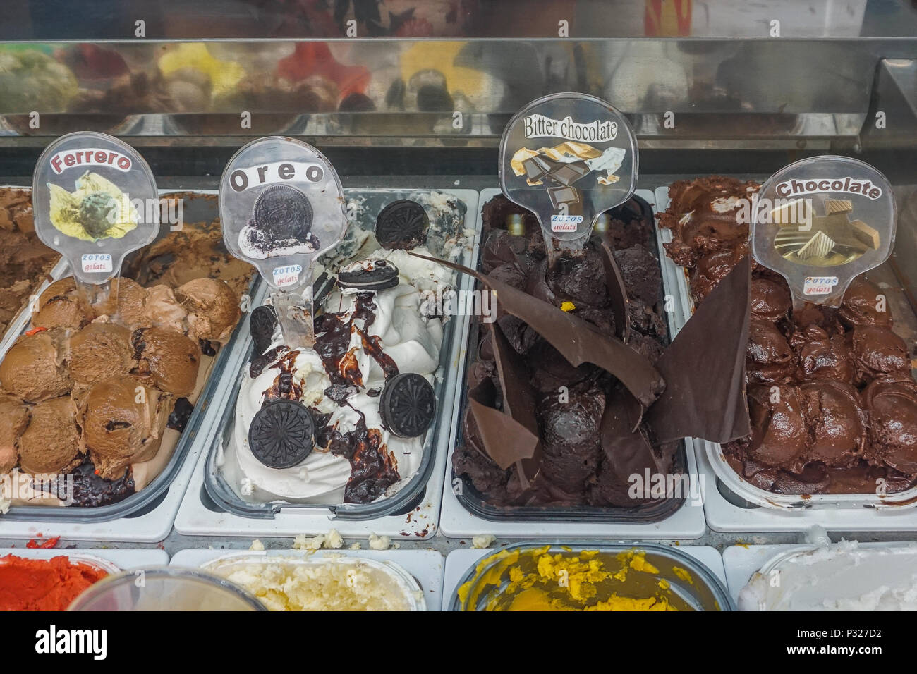 Fira, Santorini, Greece Varieties of gelati (ice cream) for sale at a