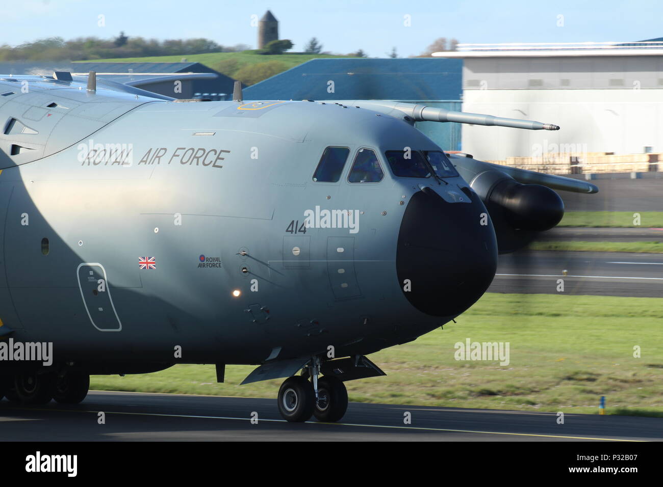 ZM414, an Airbus A400M Atlas C1 operated by the Royal Air Force, at Prestwick International Airport in Ayrshire. Stock Photo