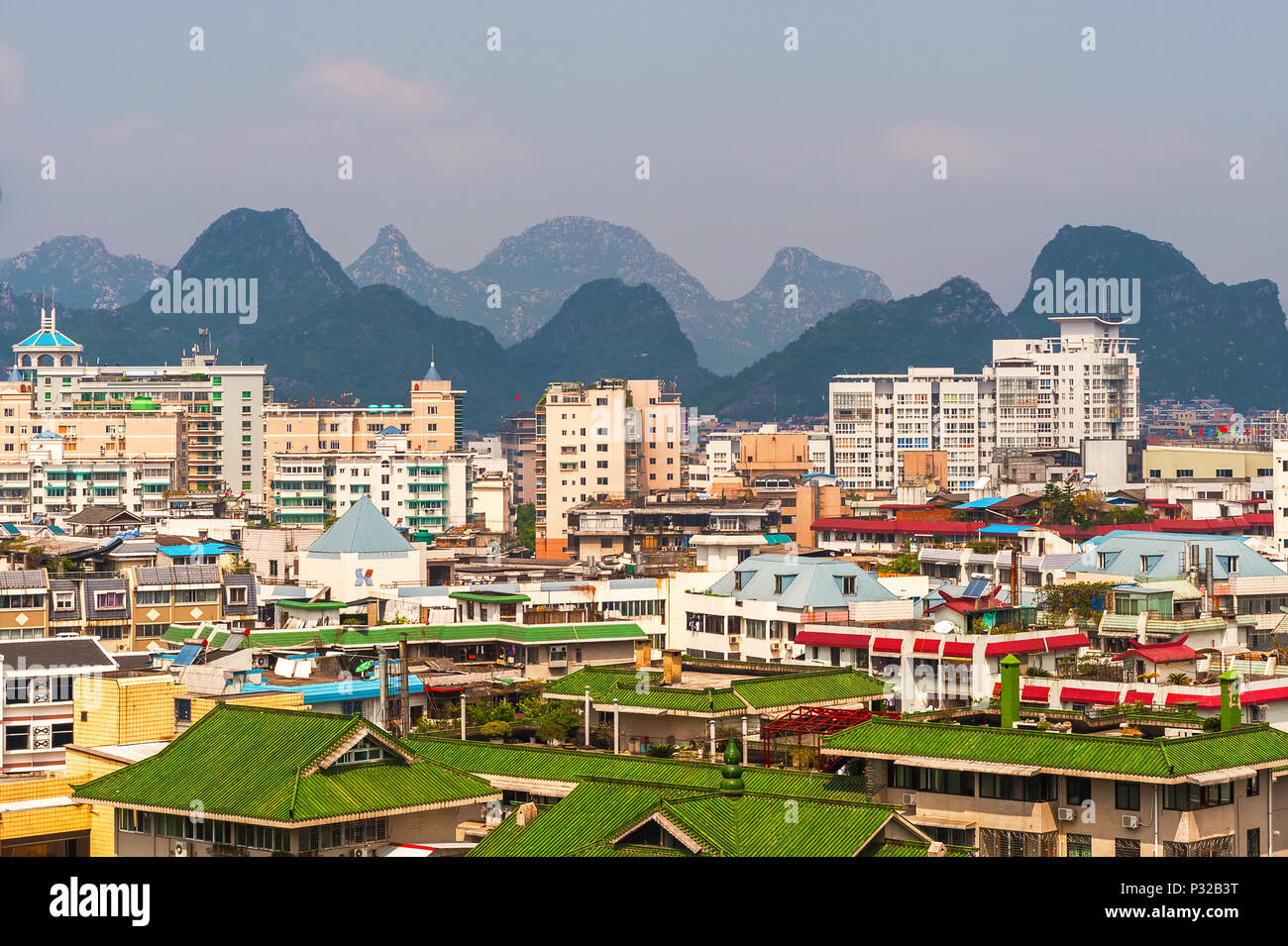Guilin, China - September 30, 2008: View at the city of Guilin and the Karst mountains at the background. Stock Photo