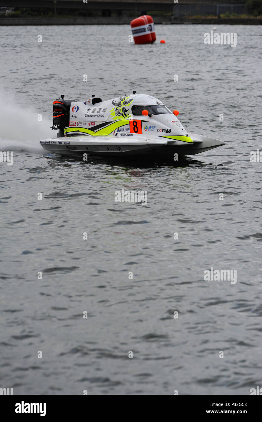 Royal Victoria Dock, London, UK, 17 June 2018. Peter Morin (FRA, CTIC F1 Shenzhen China) racing during qualifying at the UIM F1H2O World Championship, Royal Victoria Dock, London, UK  The UIM F1H2O World Championship is a series of international powerboat racing events, featuring single-seater, enclosed cockpit, catamarans which race around an inshore circuit of around 2km at speeds of up to 136mph/220kmh. Credit: Michael Preston/Alamy Live News Stock Photo
