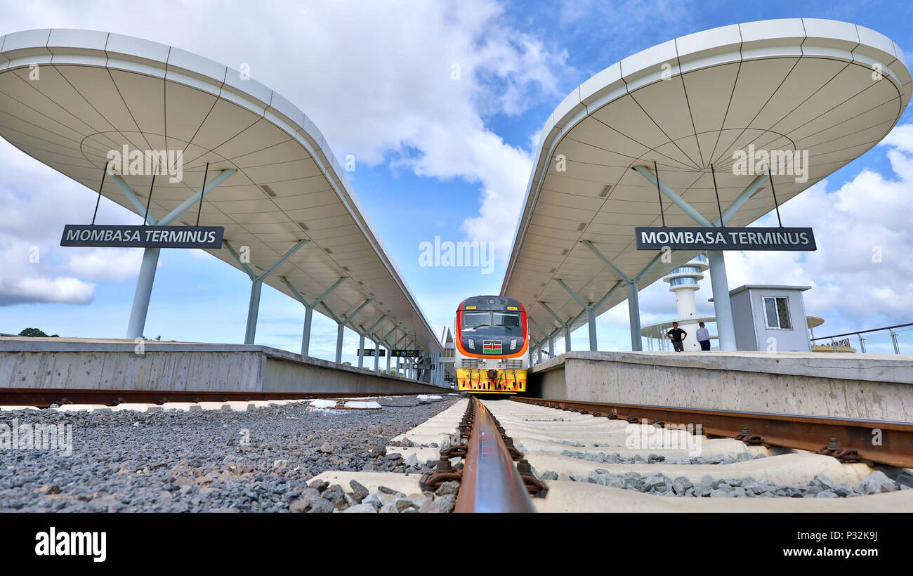 Nairobi, Kenya. 1st June, A train of the Mombasa-Nairobi Standard Railway (SGR) is seen the Mombasa Station in Mombasa, Kenya, on June 1, 2018. The Chinese-built Mombasa-Nairobi SGR
