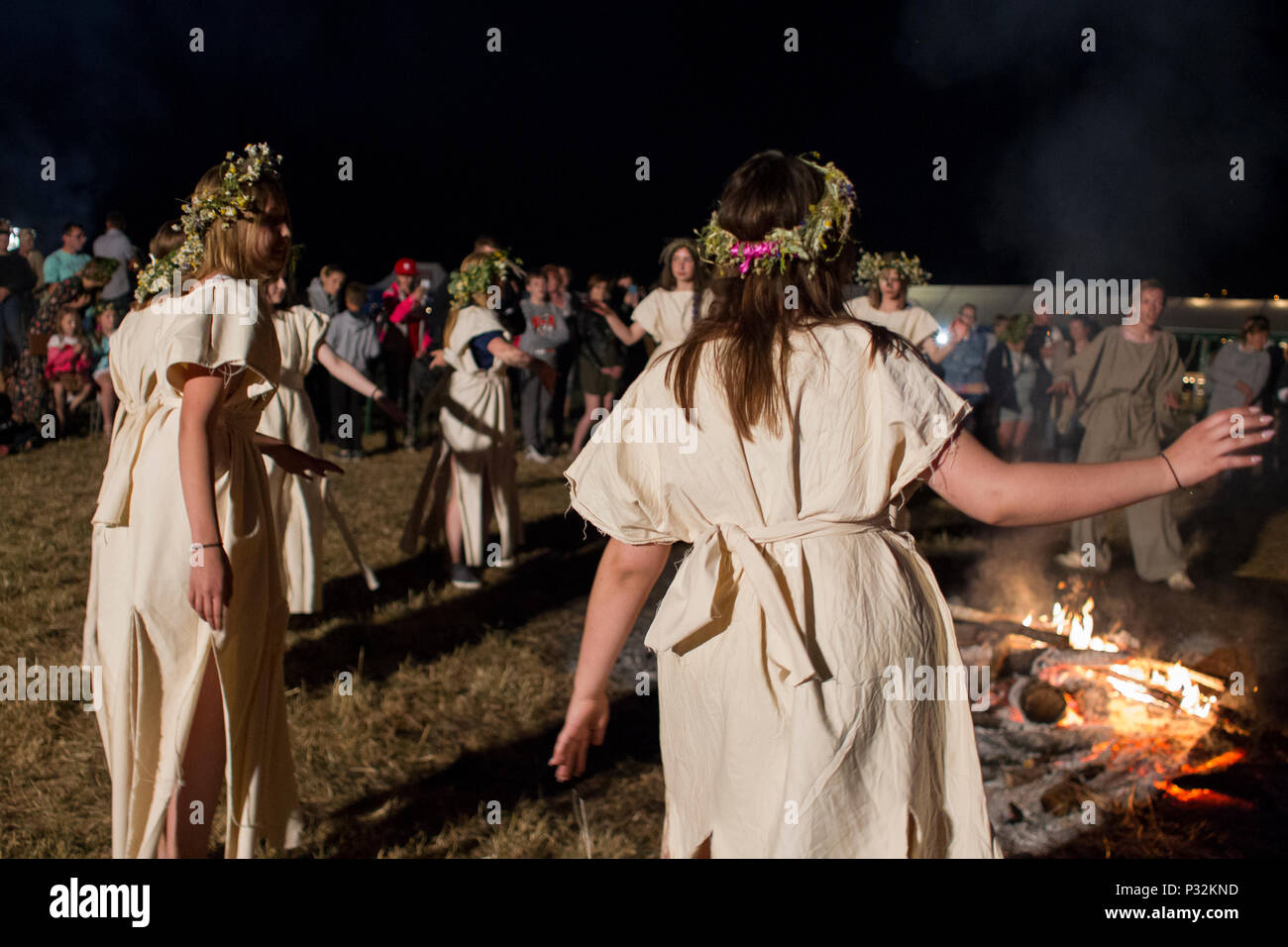 Pakszyn, Poland. 16th June 2018. Kupala Night - a Slavic holiday associated with the summer solstice of the Sun, celebrated during the shortest night of the year. Feast of fire, water, sun and moon, fertility, fertility, joy and love, commonly celebrated in areas inhabited by Slavic peoples, but also in a similar manner in areas inhabited by the Baltic, Germanic and Celtic peoples. Credit: Slawomir Kowalewski/Alamy Live News Stock Photo