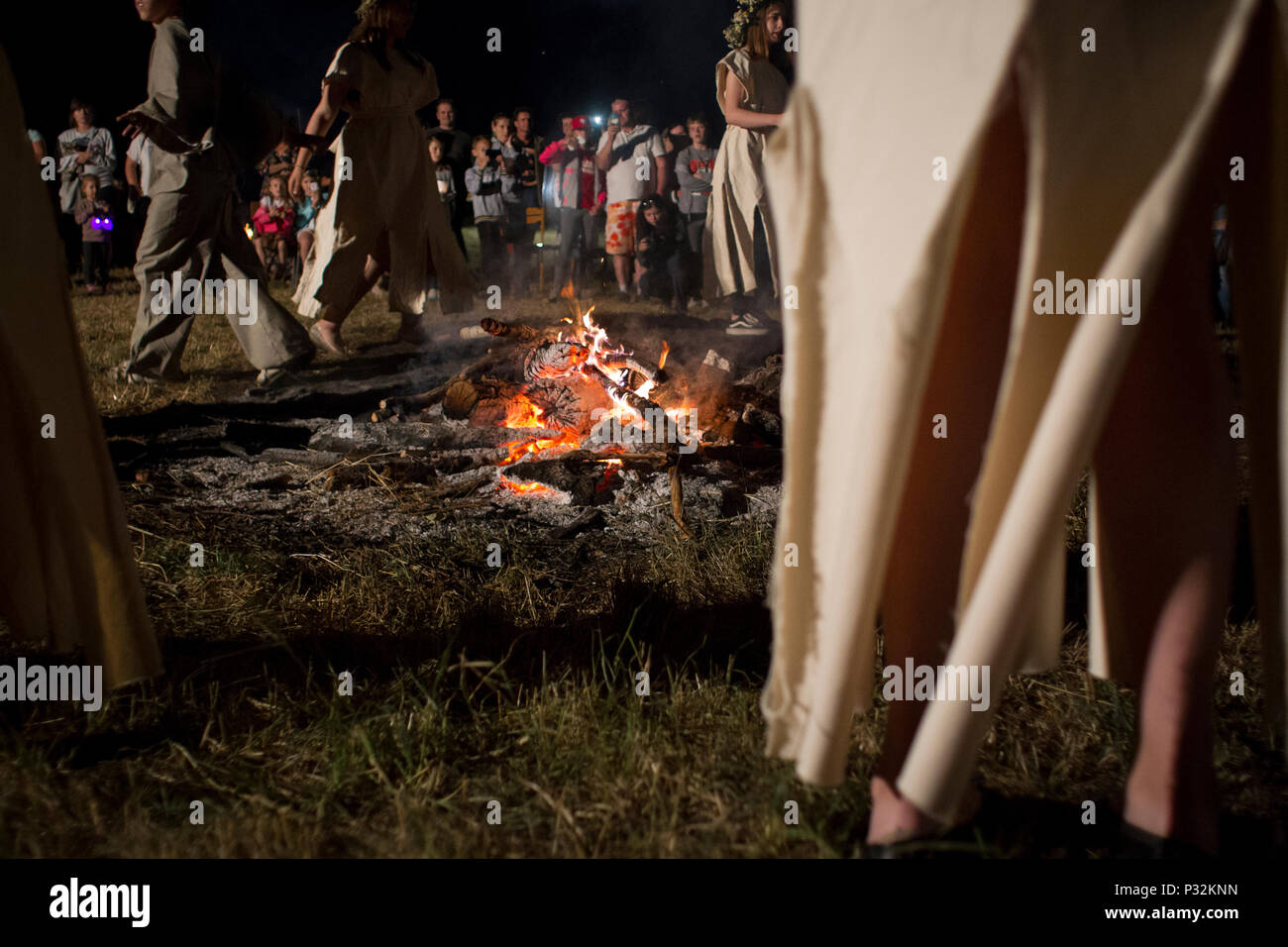 Pakszyn, Poland. 16th June 2018. Kupala Night - a Slavic holiday associated with the summer solstice of the Sun, celebrated during the shortest night of the year. Feast of fire, water, sun and moon, fertility, fertility, joy and love, commonly celebrated in areas inhabited by Slavic peoples, but also in a similar manner in areas inhabited by the Baltic, Germanic and Celtic peoples. Credit: Slawomir Kowalewski/Alamy Live News Stock Photo