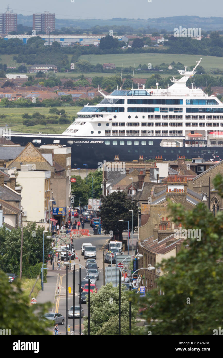 Gravesend, Kent, United Kingdom. 16th June, 2018. Azamara Journey passing Gravesend in Kent en route to Greenwich. Azamara Club Cruises’ 690-passenger cruise liner, Azamara Journey, arrived in London to complete its first ever round the world cruise. The voyage started in Sydney on March 7th and a total of 53 guests sailed the entire world journey, with thousands of others joining for segments of the voyage. Rob Powell/Alamy Live News Stock Photo