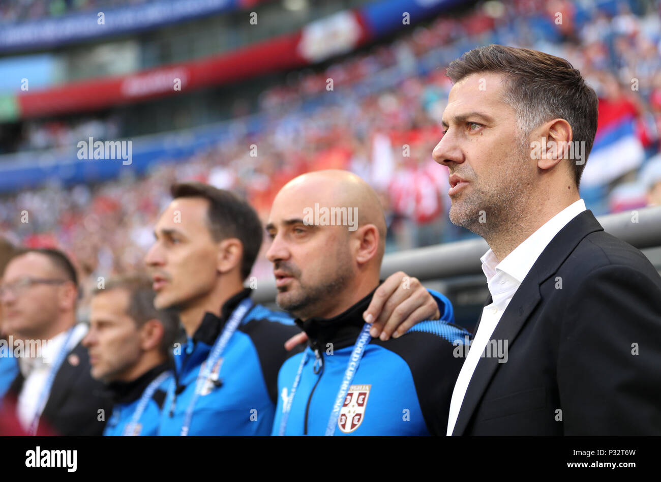 Samara, Russia. 17th June, 2018. Serbia's head coach Mladen Krstajic (1st R) is seen prior to a group E match between Costa Rica and Serbia at the 2018 FIFA World Cup in Samara, Russia, June 17, 2018. Credit: Fei Maohua/Xinhua/Alamy Live News Stock Photo