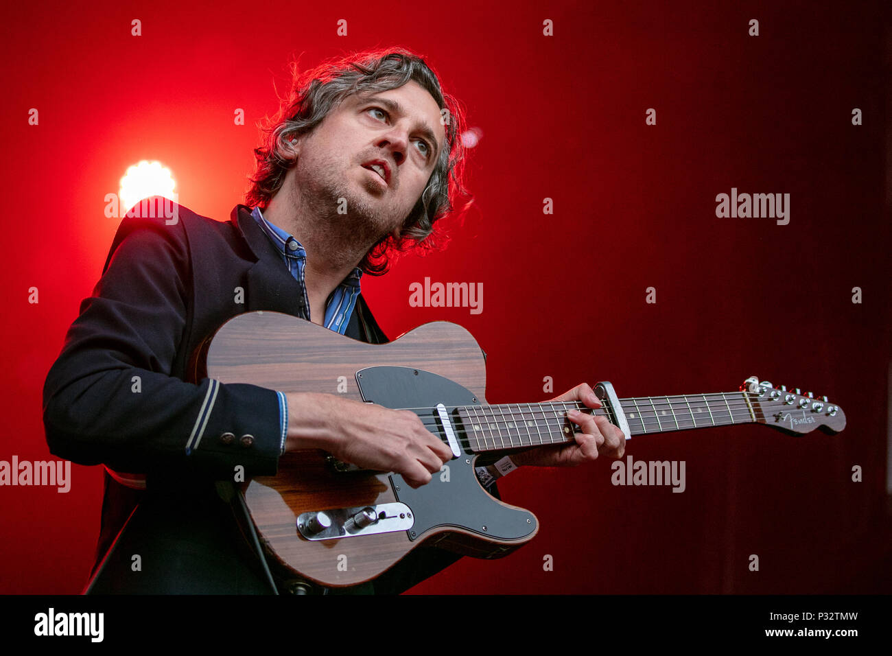 Norway, Oslo - June 16, 2018. The French indie pop band Phoenix performs a  live concert during the Norwegian music festival Piknik i Parken 2018 in  Oslo. Here guitarist Christian Mazzalai is