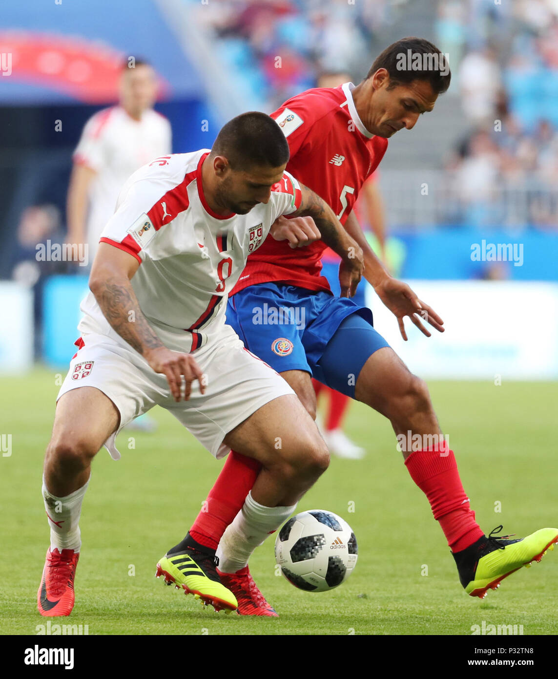 Samara, Russia. 17th June, 2018. Celso Borges (R) of Costa Rica vies with Aleksandar Mitrovic of Serbia during a group E match between Costa Rica and Serbia at the 2018 FIFA World Cup in Samara, Russia, June 17, 2018. Credit: Ye Pingfan/Xinhua/Alamy Live News Stock Photo