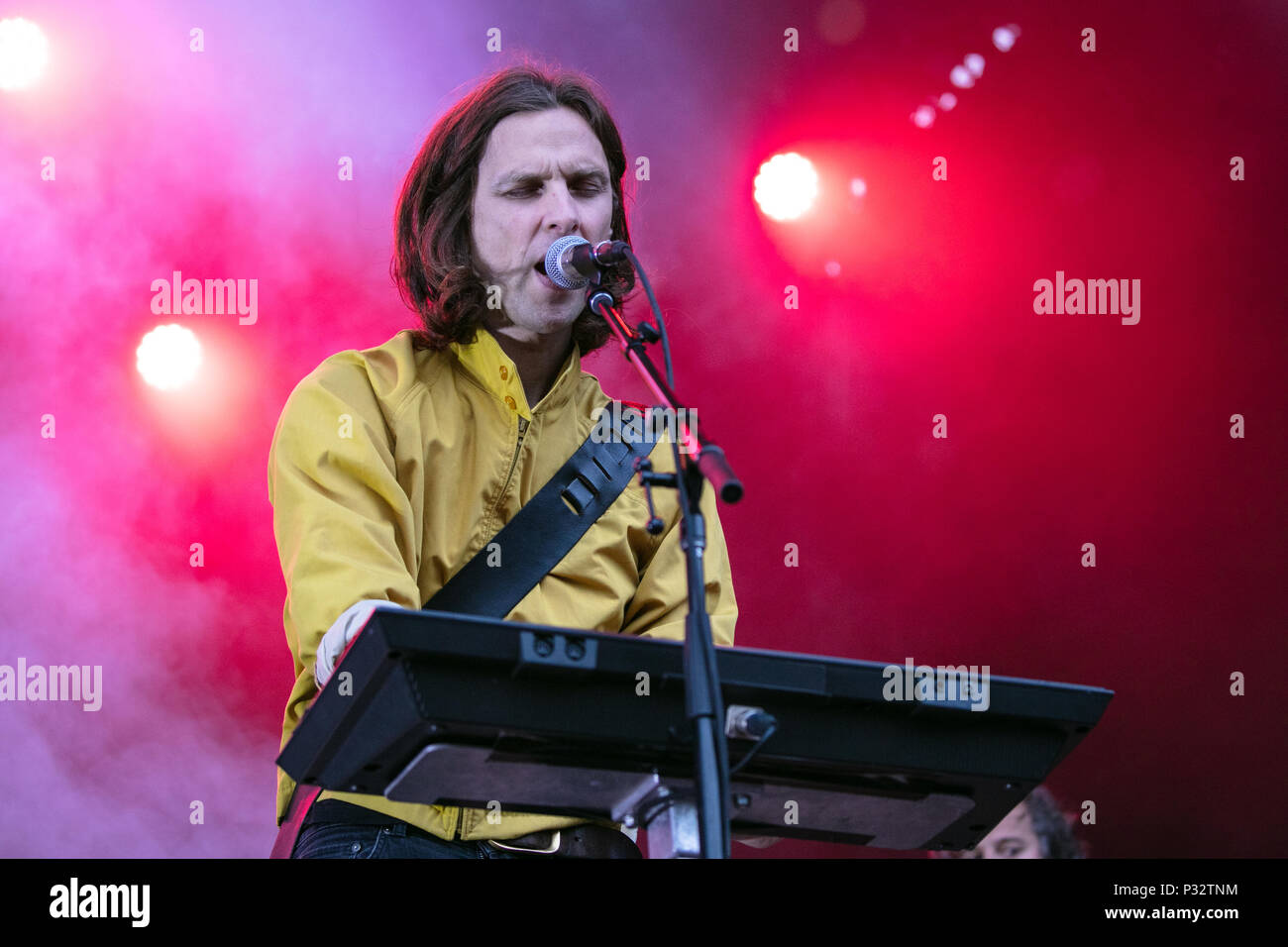 Norway, Oslo - June 16, 2018. The French indie pop band Phoenix performs a  live concert during the Norwegian music festival Piknik i Parken 2018 in  Oslo. Here musician and singer Deck